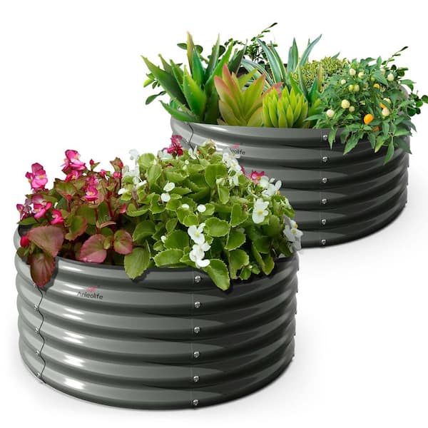 4 x 1.5 ft. Round Metal Galvanized Raised Garden Bed, Outdoor Planter Boxes for Vegetables Flowers Herbs, 2 Pack, Gray