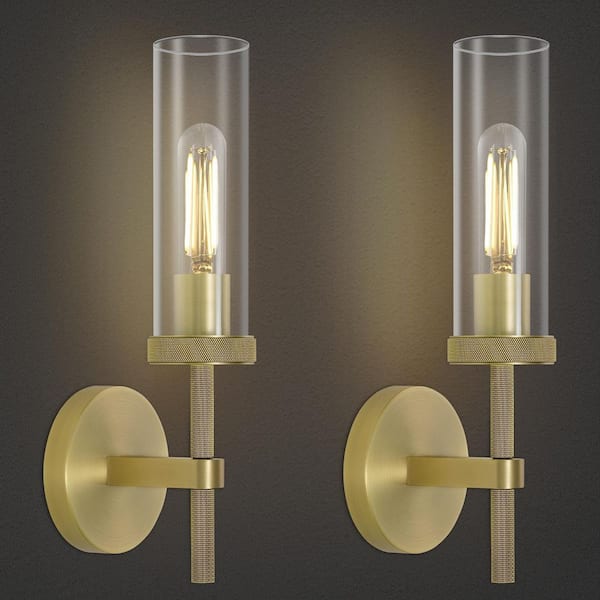 PUYRNF 5 in. 1-Light Brass Glass Dimmable LED Wall Sconce,Knurled Linear Wall Sconce for Vanity, Bathroom,Living Room(2-Pieces)