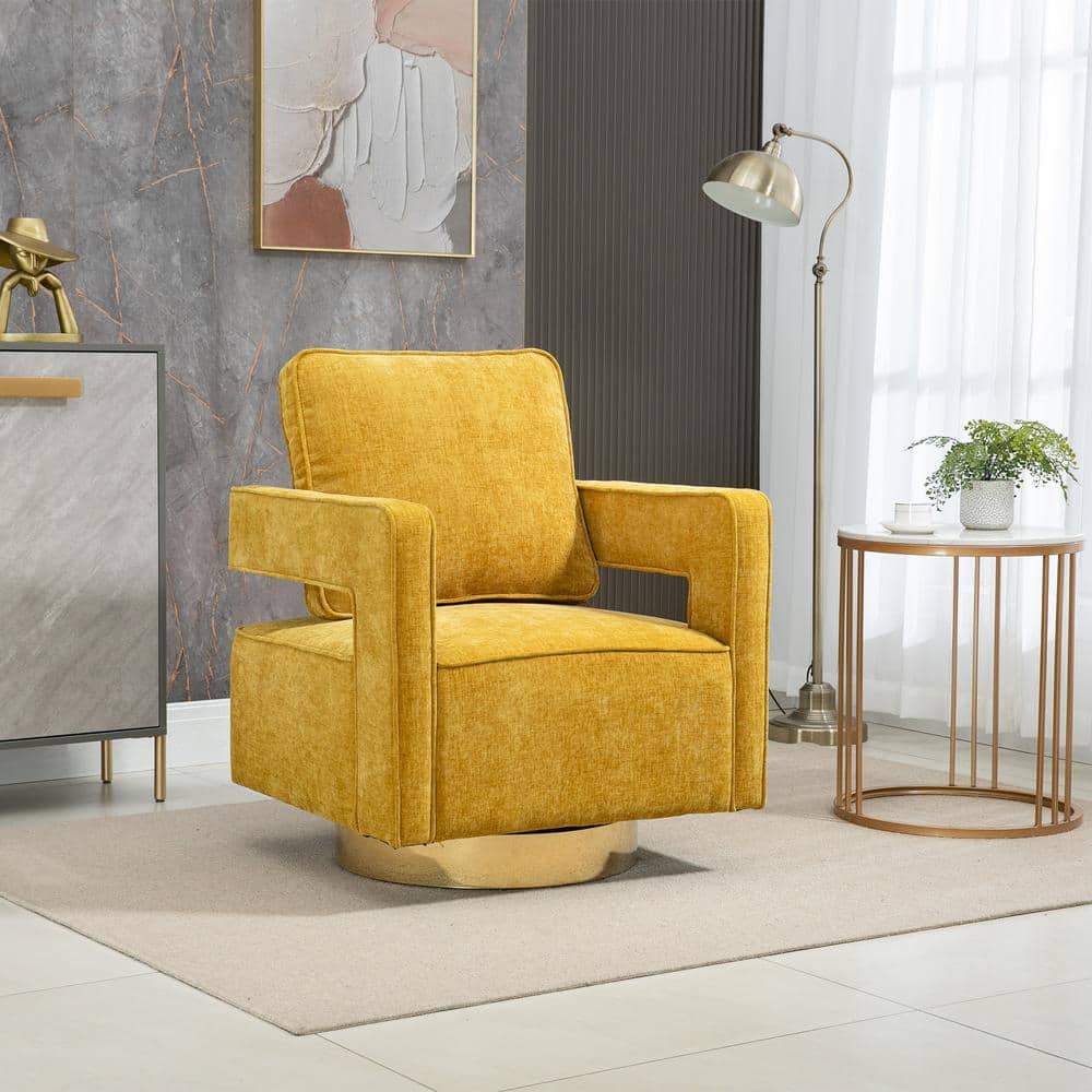 30.7 in. W Mustard Chenille 360° Swivel Arm Chair w/Open Back and Gold Sta