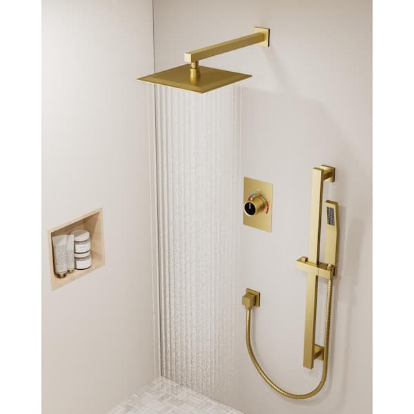 2-Spray 10 in. Wall Mount Dual Fixed and Handheld Shower Head in Brushed Gold (Valve Included)