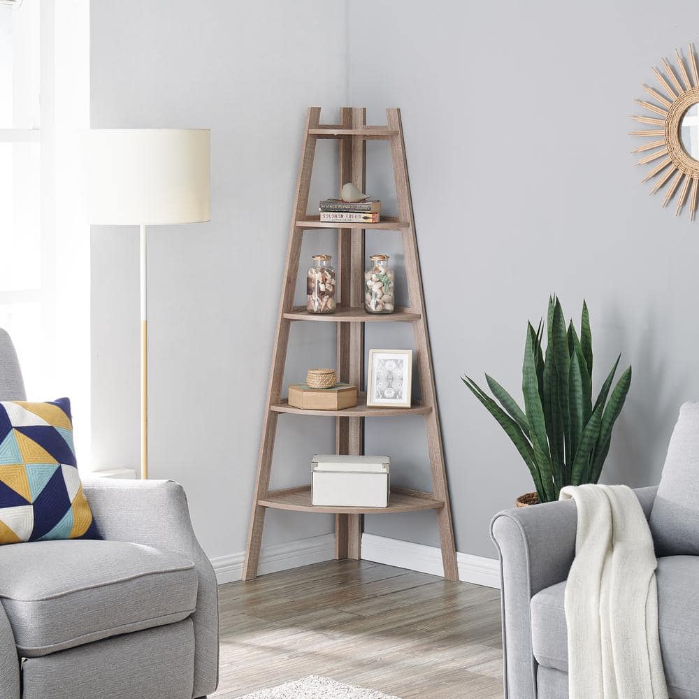 Weathered Oak 5-Tier Corner Ladder Bookshelf