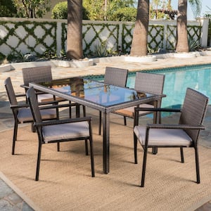 San Pico 29.52 in. Multi-Brown 7-Piece Metal Rectangular Outdoor Dining Set with Textured Beige Cushions