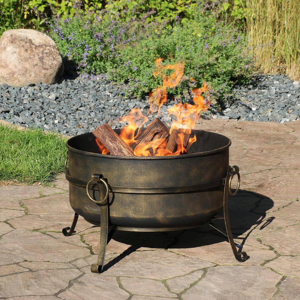 24-Inch Dark Bronze Steel Cauldron Fire Pit with Spark Screen