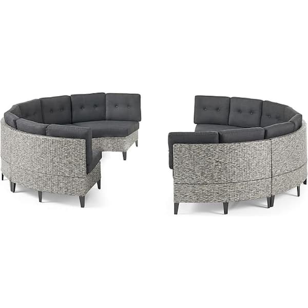 Unbranded Modular Half-Circle Design 8-Seater Sofa Wood Outdoor Chaise Lounge with Black Cushions Iron Frame And Waterproof Fabric