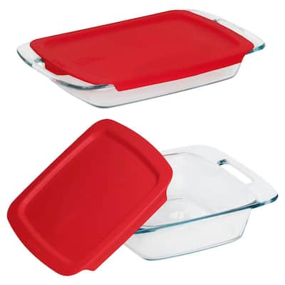 Easy Grab 3 qt. and 8 in. x 8 in. 4-Piece Glass Bakeware Set with Red Lids
