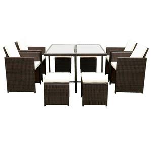 Dark Brown 9-Piece Wicker Rattan Patio Outdoor Dining Sets with Beige Fabric Cushions