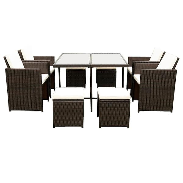 TIRAMISUBEST 9-Piece Wicker Outdoor Dining Set Sectional Conversation Set with White Cushions