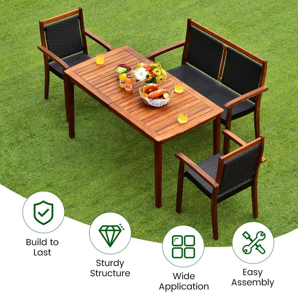4-Piece Brown Wood and Black Rattan Patio Dining Set