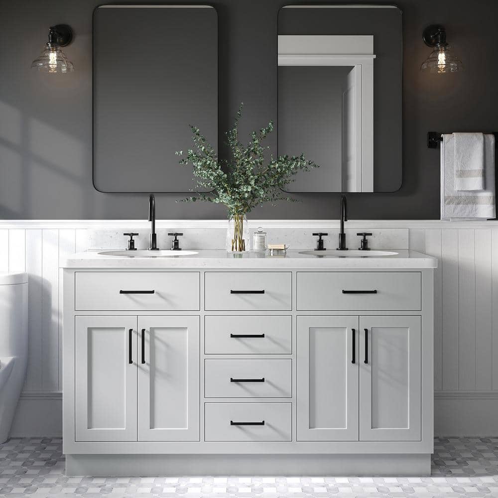 ARIEL Hepburn 60 in. W x 22 in. D x 36 in. H Double Sink Freestanding Bath Vanity in Grey with ...