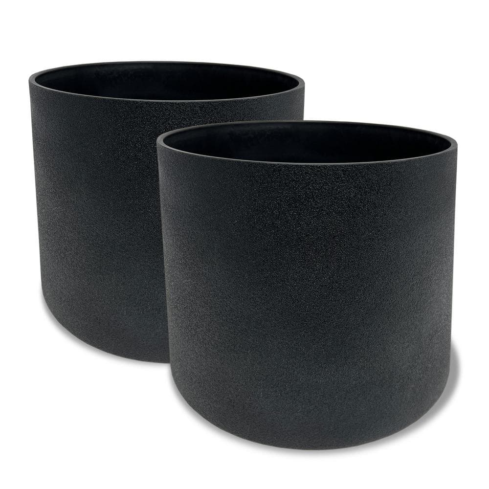 Black Composite Round Outdoor Flower Planters (Set of 2)