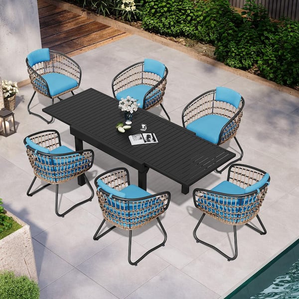 7-Piece Aluminum Outdoor Dining Set, Expandable Rectangle 83 in. Table and Steel Rattan Chairs with Blue Cushion