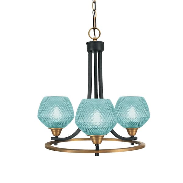 Madison 17.25 in. 3 Light Matte Black & Brass Chandelier Light with 6" Turquoise Glass Shades, No bulbs included