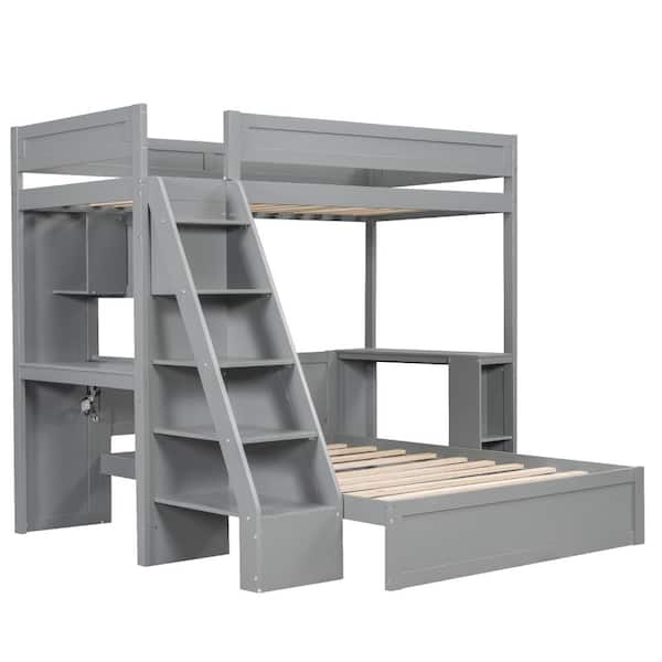 Nestfair Gray Twin XL over Full Wood Bunk Bed with Desk and USB ...