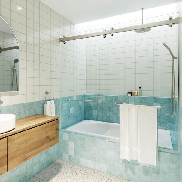 Polaris 60 in. W x 66 in. H Sliding Frameless Bathtub Door with Square Hardware in Brushed Nickel with Clear Glass