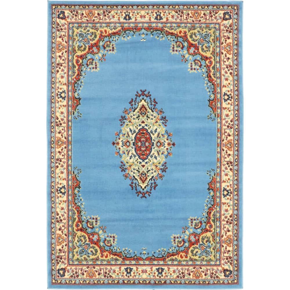 Light Blue Synthetic Medallion 4' x 6' Rectangular Rug