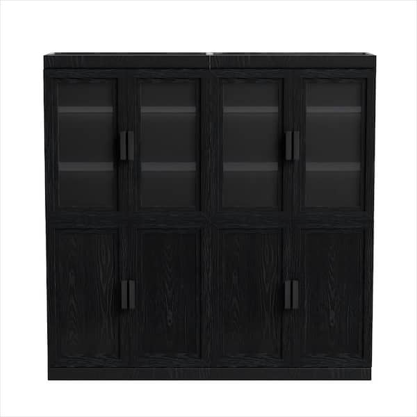 62 in. Tall 62 in. W Black Wood 8-Shelf Standard Bookcase with Adjustable Interior Shelves, Glass Doors Storage
