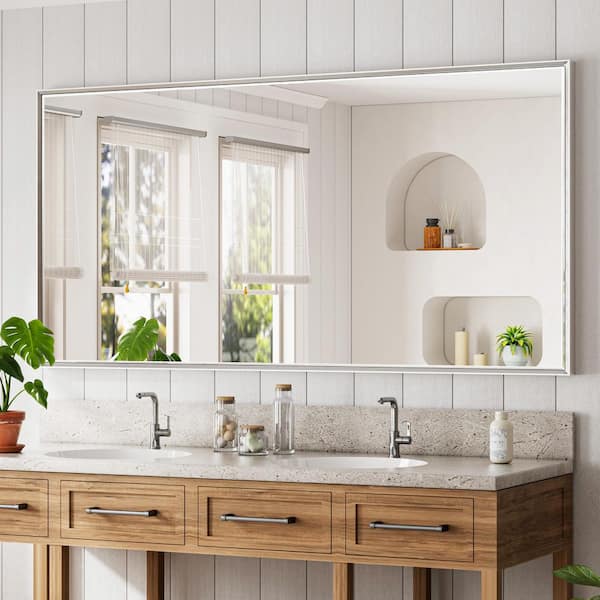 72 in. W x 36 in. H Aluminum Beveled Edge Rectangular Framed Bathroom Vanity Wall Mount Mirror in Brushed Silver