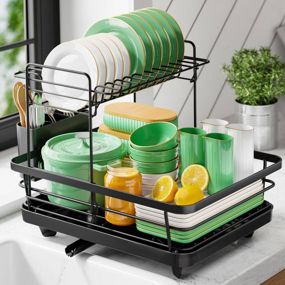Bottom Dish Rack Black 2-Tier Countertop Dish Rack with Stainless Steel Cutlery Holder ...