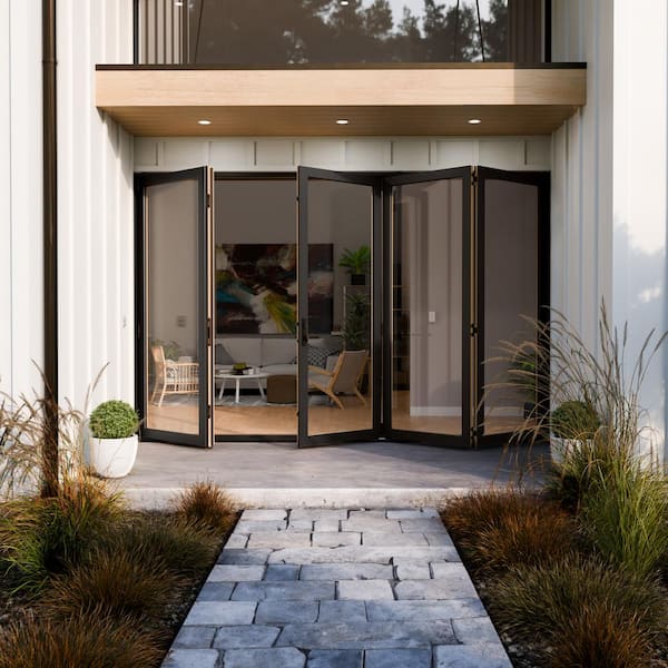 W5500 124 in. x 96 in. Bronze Left Hand/Outswing Aluminum Clad Wood 4-Panel Prehung Folding Patio Door