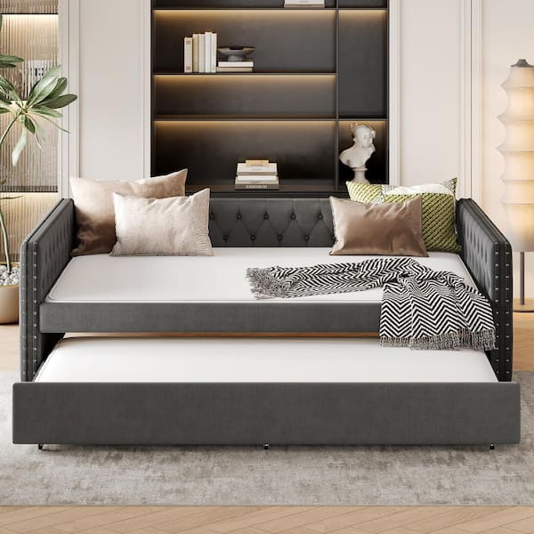 Mid-Century Modern Gray Twin Size Upholstered Daybed with Trundle & Copper Nail