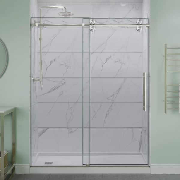 Ozean 56 to 60 in. W x 76 in. H Frameless Sliding Shower Door in Brushed Nickel with Tsunami Guard Tempered Clear Glass