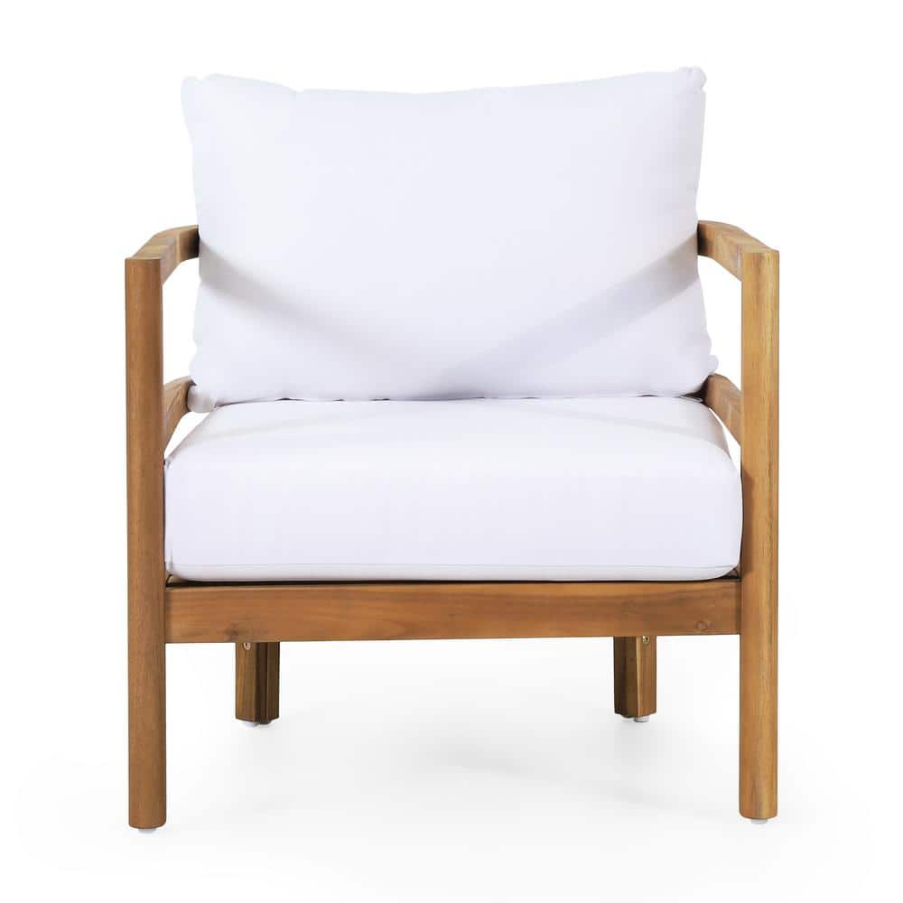 1-Piece Acacia Wood Outdoor Lounge Chair with Waterproof Thick White Cushio