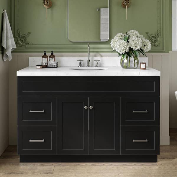 Hamlet 54.25 in. W x 22 in. D x 36 in. H Single Sink Freestanding Bath Vanity in Black with Carrara Quartz Top