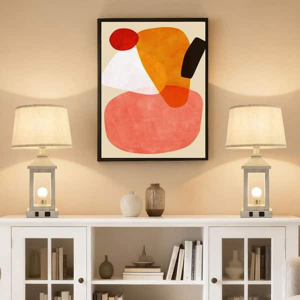 21 in. White Farmhouse Industrial Table Lamp Set of 2 with USB C+A for Living Room, End Table with Fabric Shade