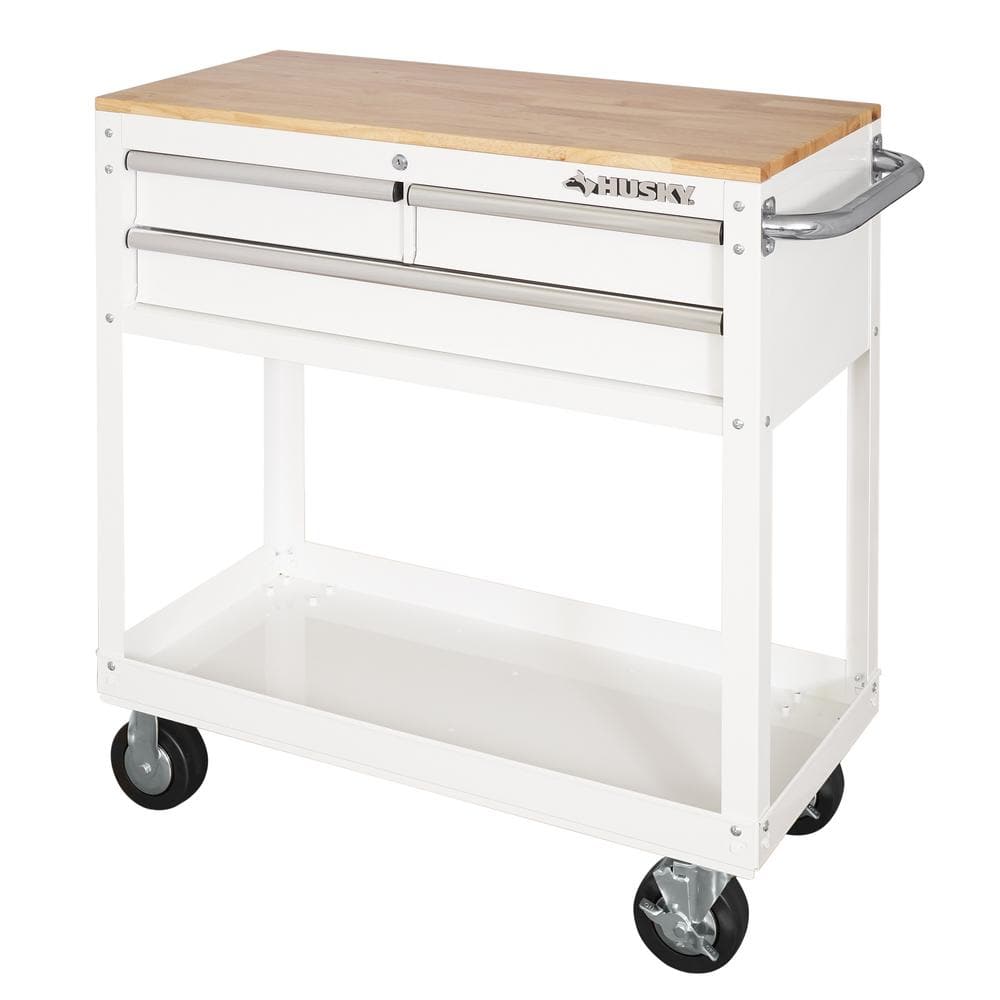 Husky 36 in. 3Drawer with Solid Wood Top in Gloss White Utility Cart