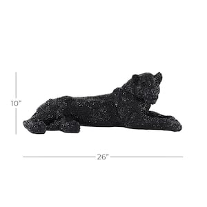 Black Polystone Leopard Sculpture with Carved Faceted Diamond Exterior