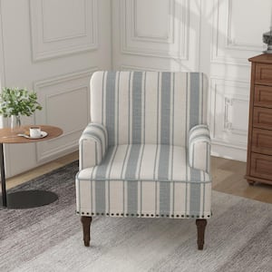 Mid-Century Modern Blue And Beige Striped Accent Arm Chair with Wood Legs (Set of 1)