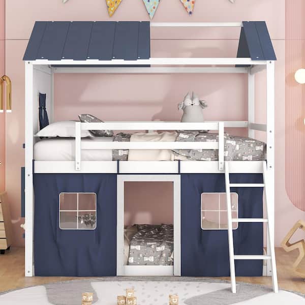 Polibi Full Size Bunk Wood House Bed with Elegant Windows, Sills and Tent, Blue+White