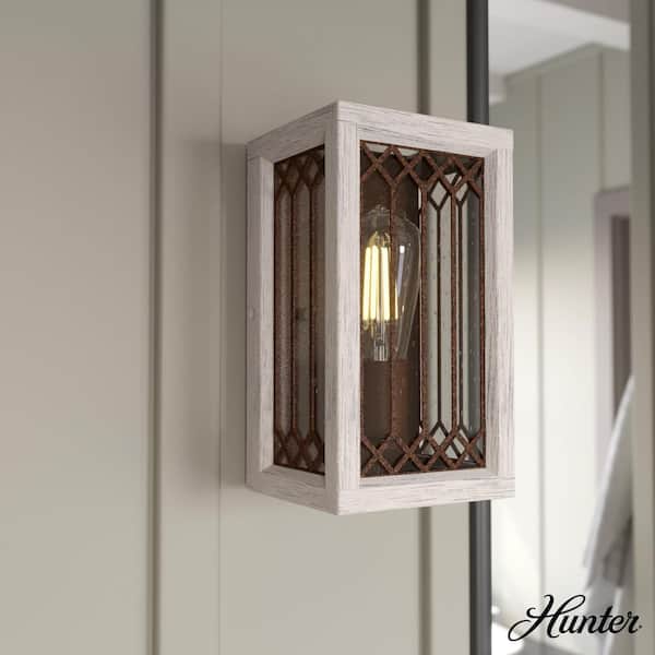 Hunter Chevron 1-Light Distressed White Wall Sconce with Clear Seeded Glass Shade