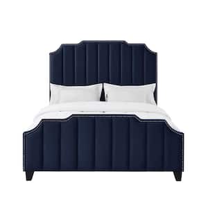 Aizen Navy Blue Bed Frame Material Wood King Size Platform Bed with Upholstered Velvet Features