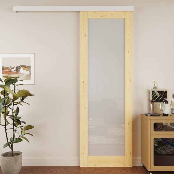 32 in. x 96 in. Hidden Track Style 1-Lite Frosted Glass Unfinished Glass Sliding Barn Door with Hardware Kit
