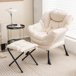 Beige Lazy Chair with Ottoman Modern Leisure Reading Chair with Pillow Armrests Side Pocket And Footrest