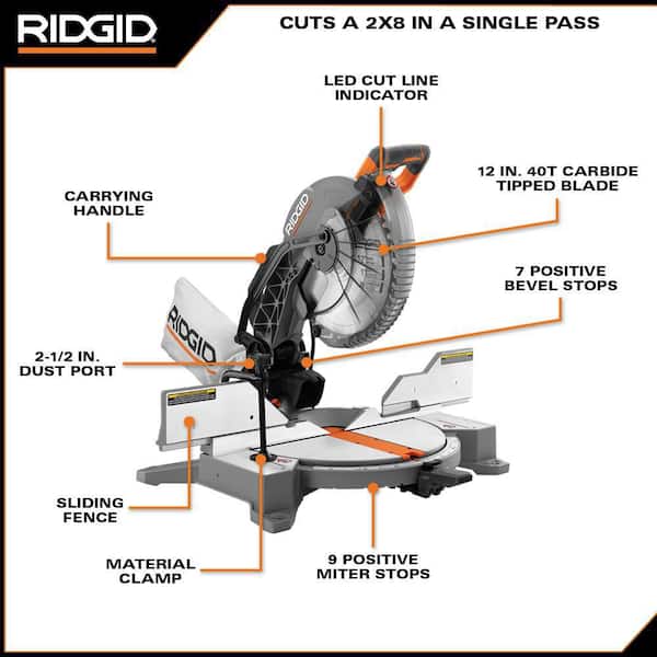 RIDGID 1003896317 15 Amp Corded 12 in. Dual Bevel Miter Saw with LED Cutline Indicator - 3