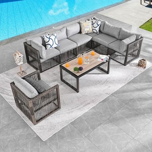 8-Piece Wicker Patio Conversation Sectional Seating Set with Gray Cushions