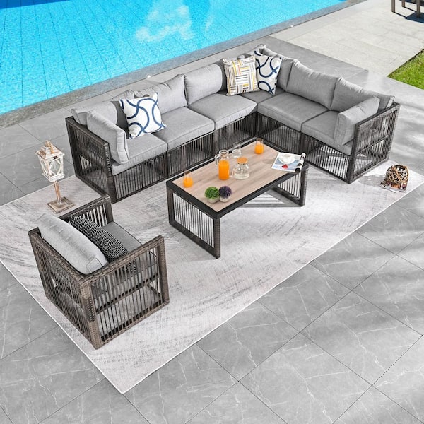 Patio Festival 8-Piece Wicker Patio Conversation Sectional Seating Set with Gray Cushions
