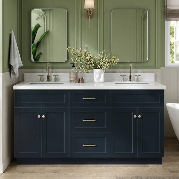 ARIEL Hamlet 67 in. W x 22 in. D x 36 Double Sink Freestanding Bath Vanity in Midnight Blue with Pure White Quartz Top