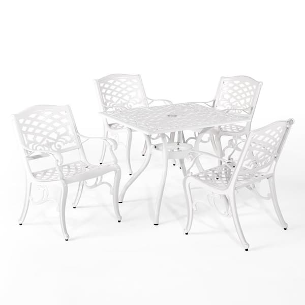 Noble House Deveau Traditional 5-Piece White Outdoor Patio Aluminum Dining Set