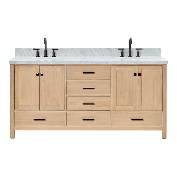 Cambridge 72 in. Double Sink Freestanding Bathroom Vanity in Oak with Carrara White Marble Top
