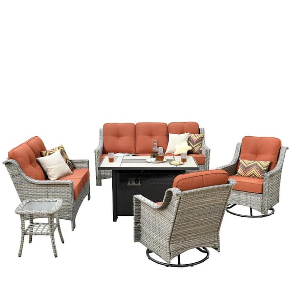 Eureka Gray 6-Piece Wicker Outdoor Patio Conversation Sofa Loveseat Set with a Metal Fire Pit and Orange Red Cushions