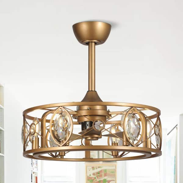 22 in. Indoor Brass Gold Crystal Caged Ceiling Fan Chandelier with Light Kit and Remote Control