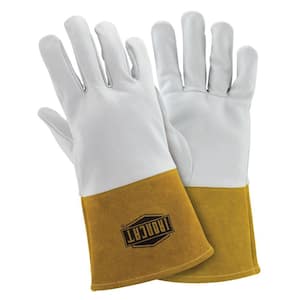 Large Pearl and Tan Premium Grain Kidskin Heat Resistant TIG Welding Gloves with Kevlar Stitching