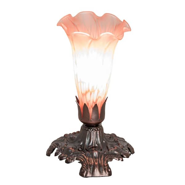 Pond Lily 7 in. Mahogany Bronze Novelty Victorian Mini Table Lamp with Pink Glass Shade