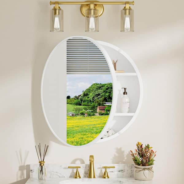 28 in. W x 28 in. H Round White Metal Framed Surface Mount Medicine Cabinet with Mirror