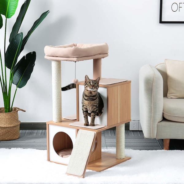 Wood Cat Tree Cat Tower With Double Condos Spacious Perch Sisal