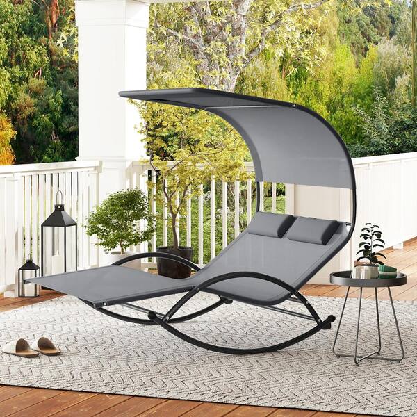 Gymax Metal Outdoor Double Chaise Lounge Daybed Sun Lounger