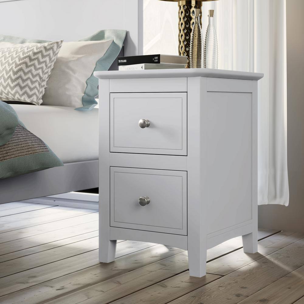 2 Drawers Solid Wood White Finish Nightstand